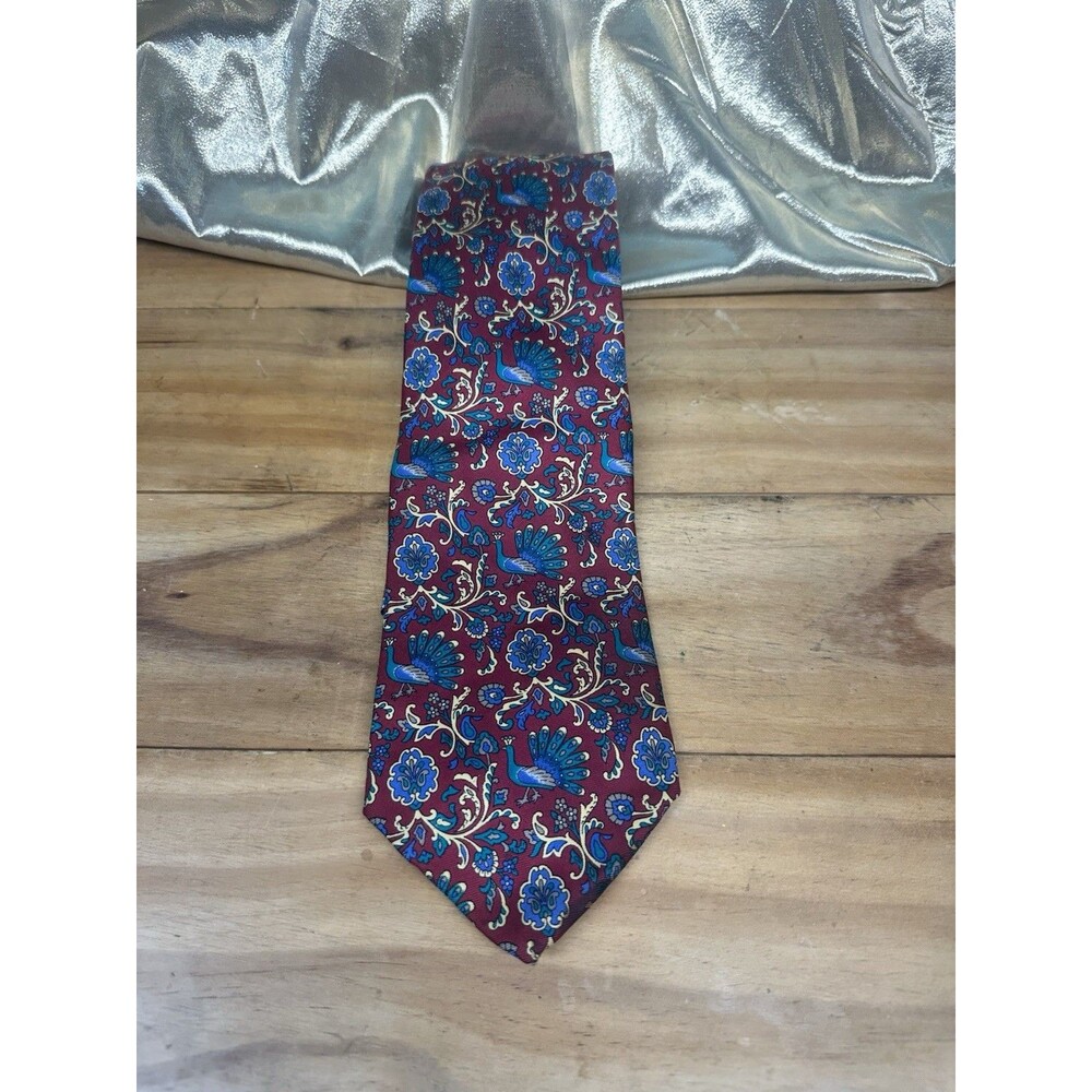 Vintage 100% Silk Jos A Bank Mens Necktie Tie Peacock Maroon Blue